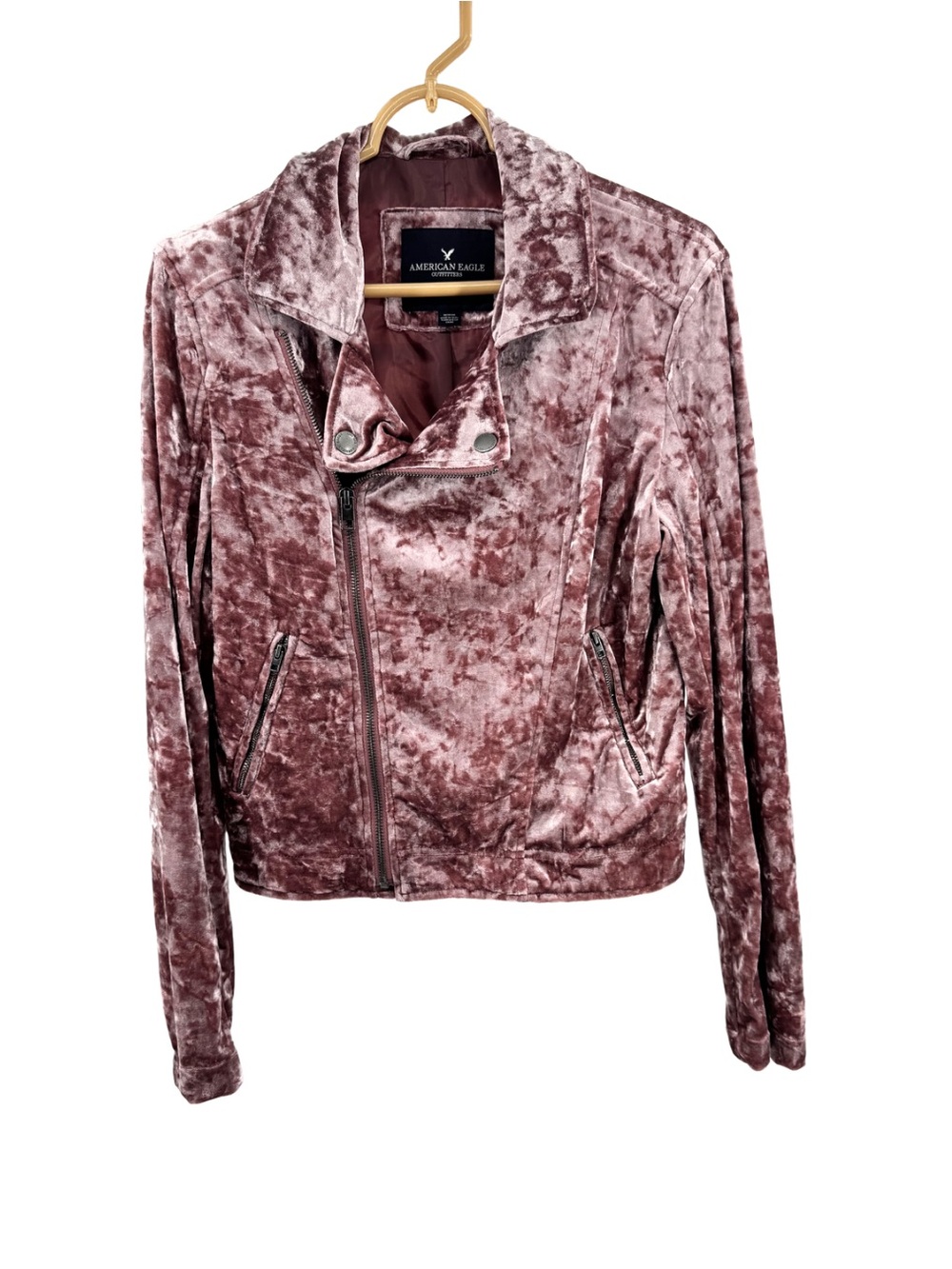 AEO Rose Pink Crushed Velvet Moto Jacket M fall casual zipper cropped